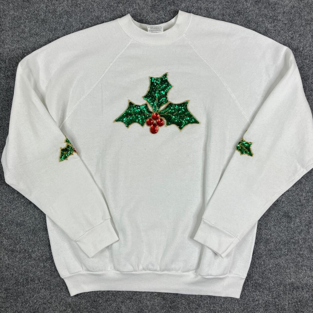 Tultex Sweatshirt‎ Mens Size L White Sequin Holly Christmas Vintage USA Made
